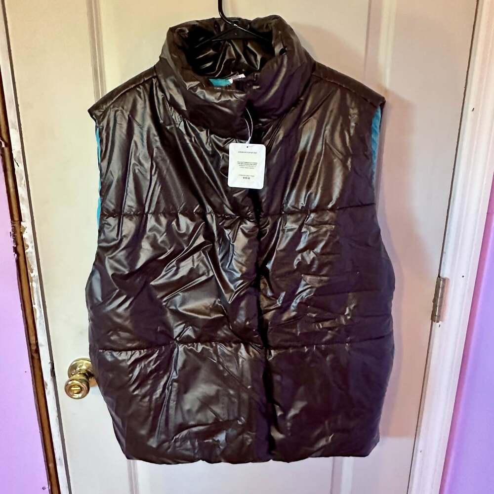 NWT Fabletics Oversized Puffer Vest Full Zip Cacao / Aqua Beach Brown Blue Sz S